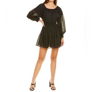 ALICE+OLIVIA Kiara Black Silk Blend Off Shoulder Smocked Ruffle Mini Dress -NWT